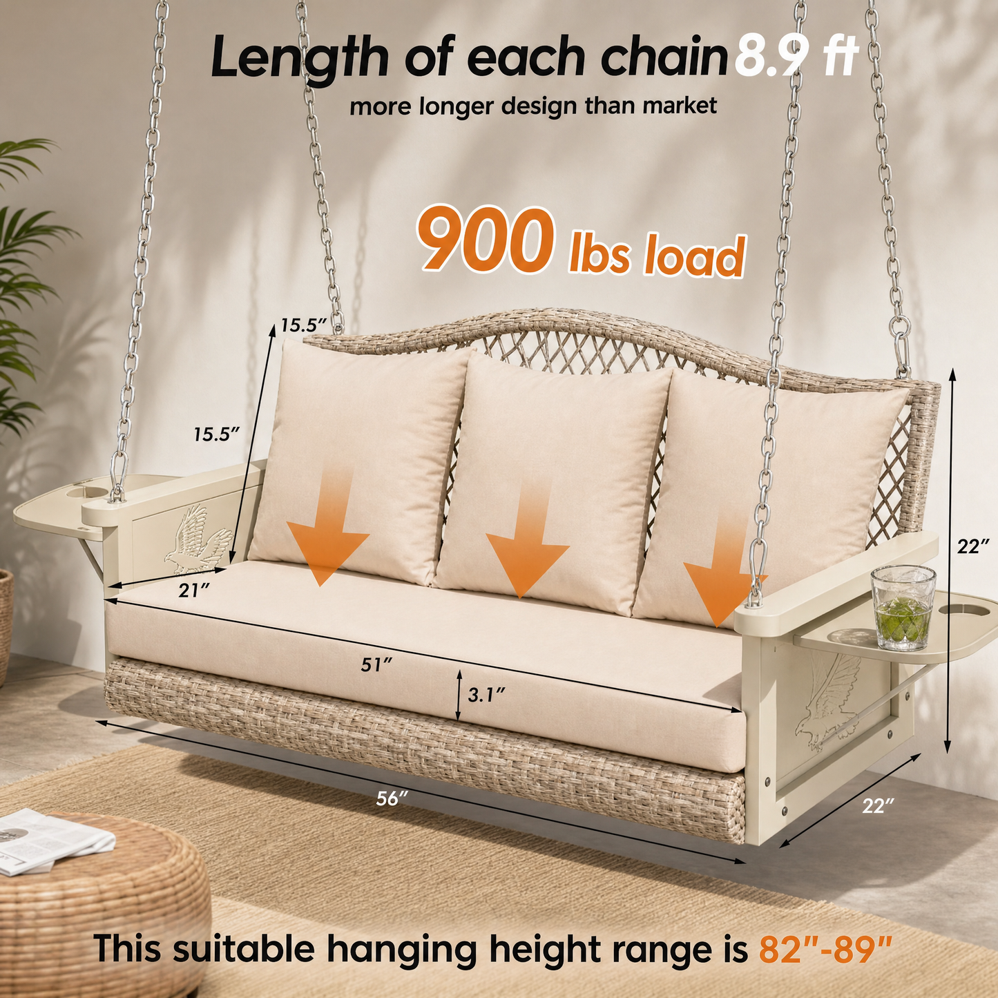 3-Person Brown Wicker Porch Swing with Khaki Cushions, Woven-Rattan Back
