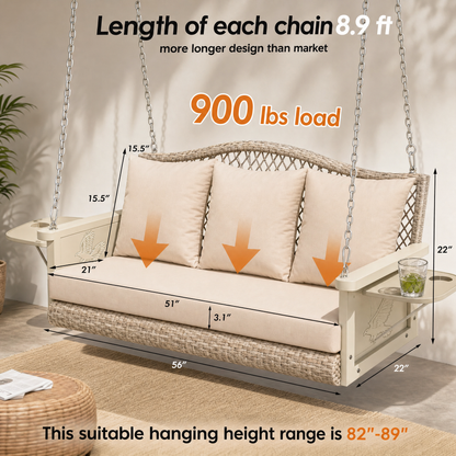 3-Person Brown Wicker Porch Swing with Khaki Cushions, Woven-Rattan Back