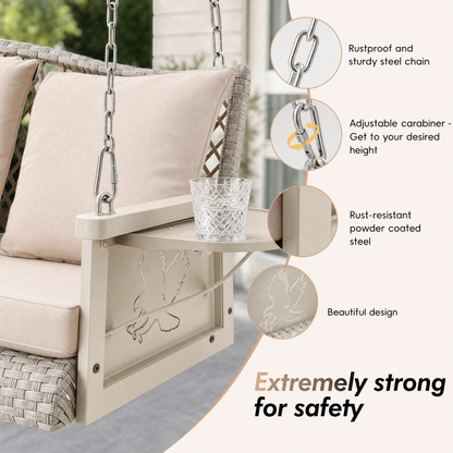 3-Person Brown Wicker Porch Swing with Khaki Cushions, Woven-Rattan Back