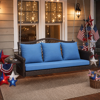 3-Person Brown Wicker Porch Swing with Khaki Cushions, Woven-Rattan Back