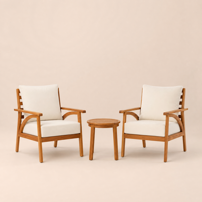 Windy Hill 3-Piece Acacia Wood Outdoor Chat Set with CushionGuard Almond Biscotti Cushions