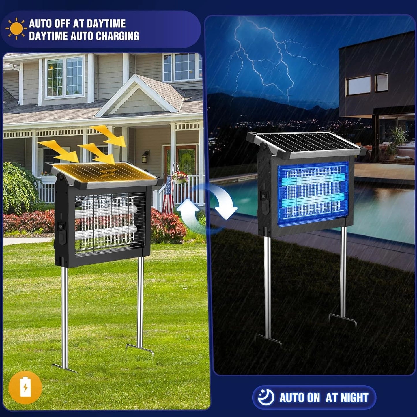 Solar Bug Zapper Outdoor, 4500V Mosquito Zapper Waterproof with Panel Sensor Electric Fly Zapper Rechargeable Mosquito Killer with 10FT Extension Cord, Fly Trap Ideal for Patio, Backyard