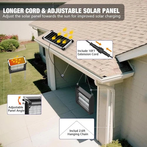 Solar Bug Zapper Outdoor, 4500V Mosquito Zapper Waterproof with Panel Sensor Electric Fly Zapper Rechargeable Mosquito Killer with 10FT Extension Cord, Fly Trap Ideal for Patio, Backyard
